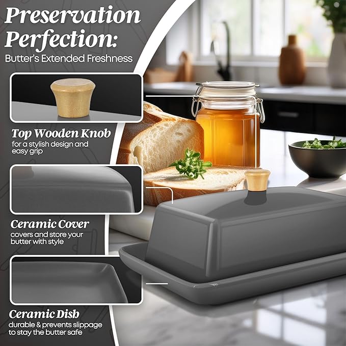 Flexzion Ceramic Gray European Butter Dish with Lid for Countertop (8 Inch) - Wide 2 Stick Double Butter Holder for Counter, Cream Cheese Container Storage Keeper