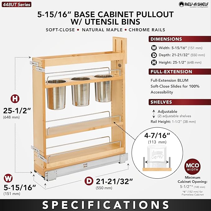 Rev-A-Shelf 5" Pull Out Storage Organizer for Base Kitchen w/ Soft-Close, Sliding Shelves for Utilities, Utensils or Spices, 448UT-BCSC-5C