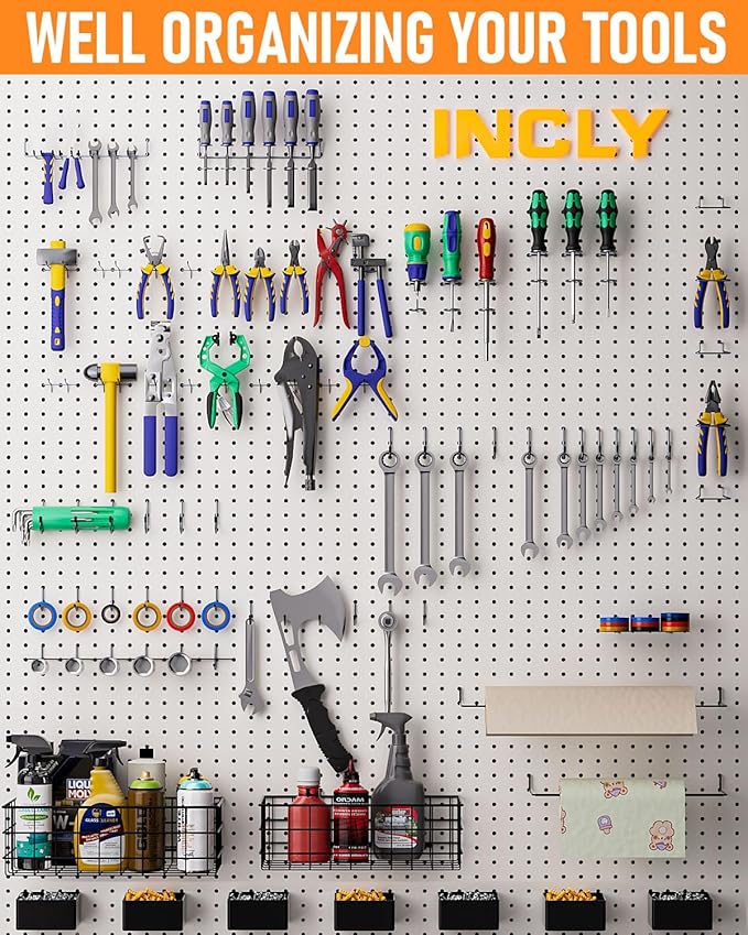 INCLY 238PCS Pegboard Accessories Organizer Kit, Peg Board Hooks Assortment with Peg Bins, Baskets, Paper Towel Holder for 1/8 and 1/4 inch Pegboard Hanging Tools, Garage Wall Storage Attachments