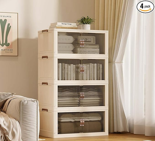 SAILUN 116Gal/464Qt Stackable Storage Bins Folding Collapsible Storage Bins with Lid, Closet Organizers and Storage Box Beige 26" W x 17" D x 56.7" H