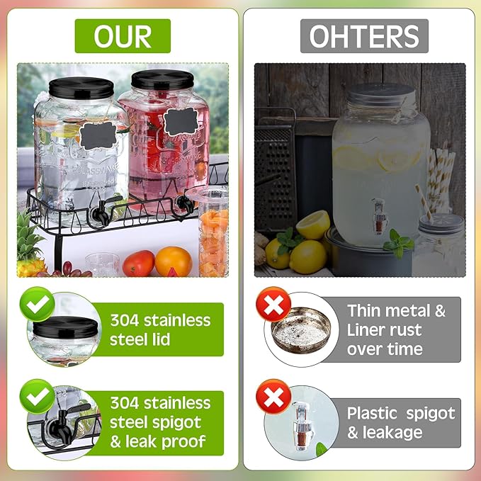Lallisa 3 Pcs 2 Gallon Glass Drink Dispenser with Stand and Lid Mason Jar Beverage Dispenser with Stainless Steel Spigot, Hanging Chalkboard Signs, Fruit Infuse, Ice Cylinder, Liquid Pen (Black)