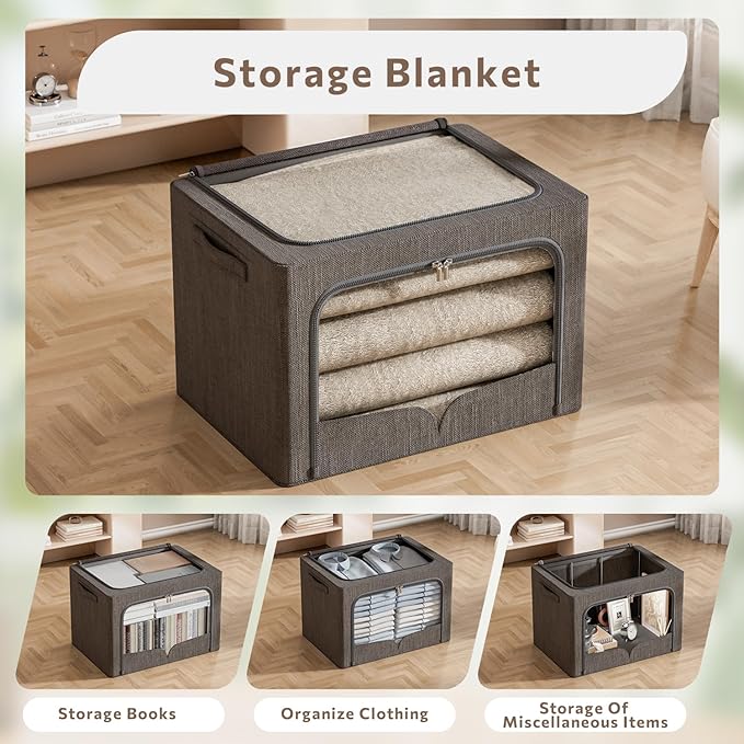 FHSQX 3 Pack Clothes Storage Bins - Foldable Metal Frame Storage Box - Stackable Linen Fabric Container Organizer Set with Carrying Handles and Clear Window (Dark Gray, 19.7x15.7x13inch(66L))