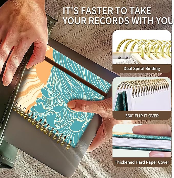 Spiral Journal Notebook, A5 Cute Notebooks for Women Men, College Ruled Hardcover Notebook for Work & Note Taking, 60 Pages Double-Wire Journals for Writing, Boho Sun Sea