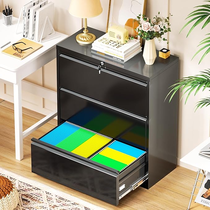 Bonusall 3 Drawer Lateral File Cabinet with Lock, Locking Metal lateral Filing Cabinet for Office Steel lateral File Cabinet, Large Horizontal File Cabinet Locked by Keys-Black