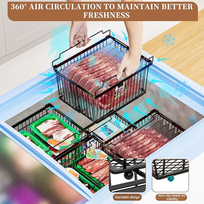 Large Freezer Organizer Bins，Upgraded Bottom Leak-Proof net，Fit 5 to 9 Cu Ft Chest Freezer，4 Pack， Expandable Stackable Chest Freezer Containers with Handle (Black--4Pack)