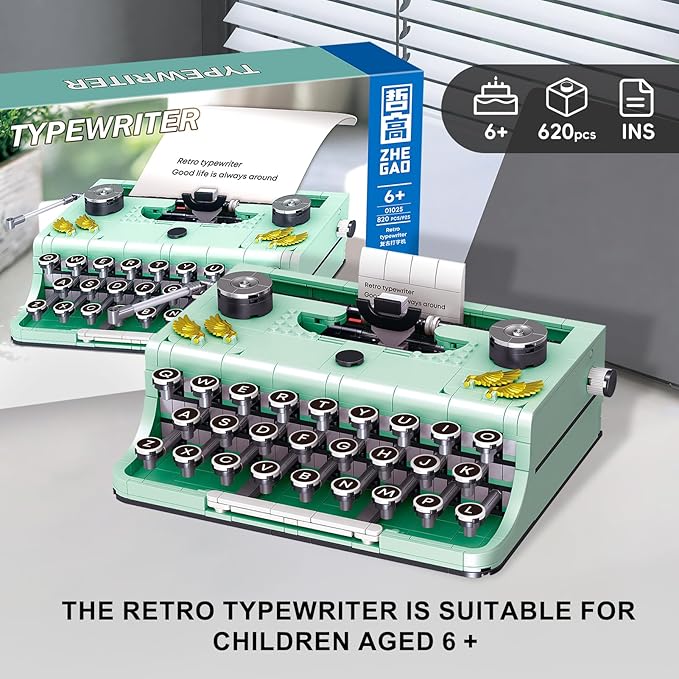 XIU Ideas Retro Typewriter Building Blocks Set,Typewriter mini Building Blocks Set for Adult,STEM Vintage Building Blocks Kit for Kid 6+(820pcs),Collectible Typewriter Display Model Green