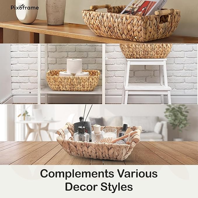 Medium Rectangular Handwoven Wicker Basket - Water Hyacinth Storage Baskets with 2 Polished Wooden Handles for Store Hand Towel, Fruits & Veggies etc – 10.75"x15.25"x5" - Pack of 2 - Natural