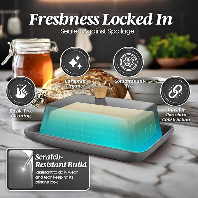 Flexzion Ceramic Gray European Butter Dish with Lid for Countertop (8 Inch) - Wide 2 Stick Double Butter Holder for Counter, Cream Cheese Container Storage Keeper