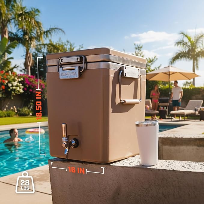 Bevanda - Sperse Drink Dispenser - Large Insulated Stainless Steel Water and Beverage Dispenser - Ideal for Parties, Camping Trips, and Outdoor Events - Leakproof, Durable, Portable (Tan, 5 Gallon)