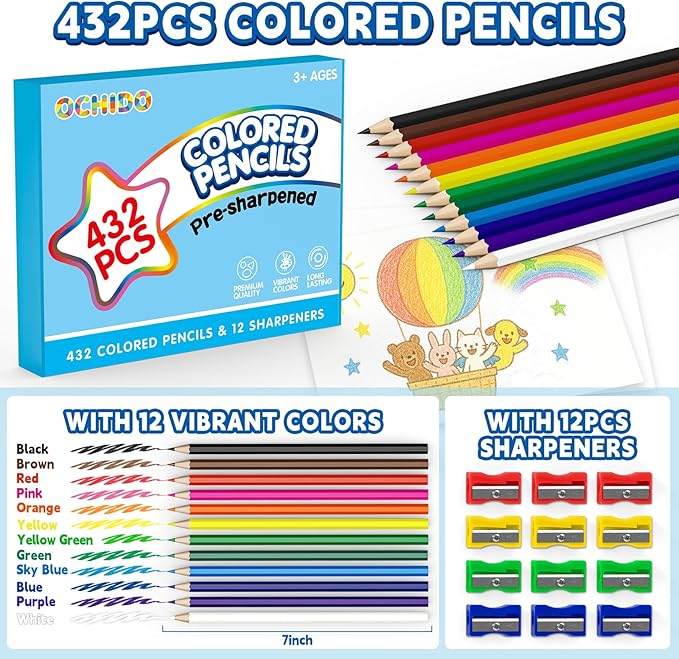 OCHIDO 432 Count Colored Pencils Bulk, Pre-sharpened Colored Pencils for Kids in 12 Bright Colors, Color Pencil Set with 12 Sharpeners, Back to School Supplies Classroom Essentials for Teachers