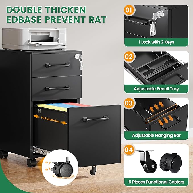 3 Drawer Slim File Cabinet, Mobile Filing Cabinet with Lock,Black Rolling Narrow File Cabinets with Casters, Under Desk Office Cabinets for Home Office,Fit A4/Letter/Legal(Unassembled)