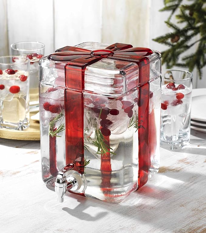 Gift Box Drink dispenser with Red Ribbon Design, Glass Beverage Dispenser For Christmas Party & decorations, Gift Ready Packaging With 100% Leakproof Spigot Perfect For Parties And Daily Use 1.5 GAL