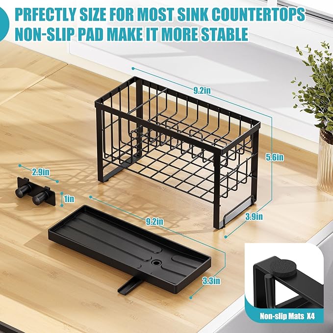 Sponge Holder for Kitchen Sink with Flexible Sponge Holder Smiley Face,2 Tier Kitchen Sink Organizer Countertop and Storage Essentials,Soap Dispenser Organize,Home Decor Accessories-Black