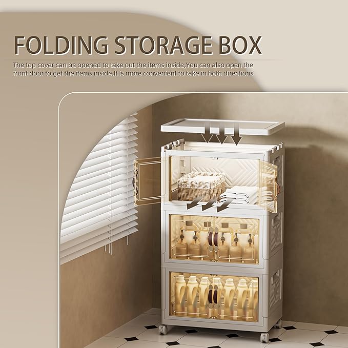 108 QT / 27 Gal Stackable Storage Bins (1 Lid) w/Wheels & Magnetic Doors, Collapsible Plastic Organizer Cabinet for Closet Office Garage - White Storage Containers