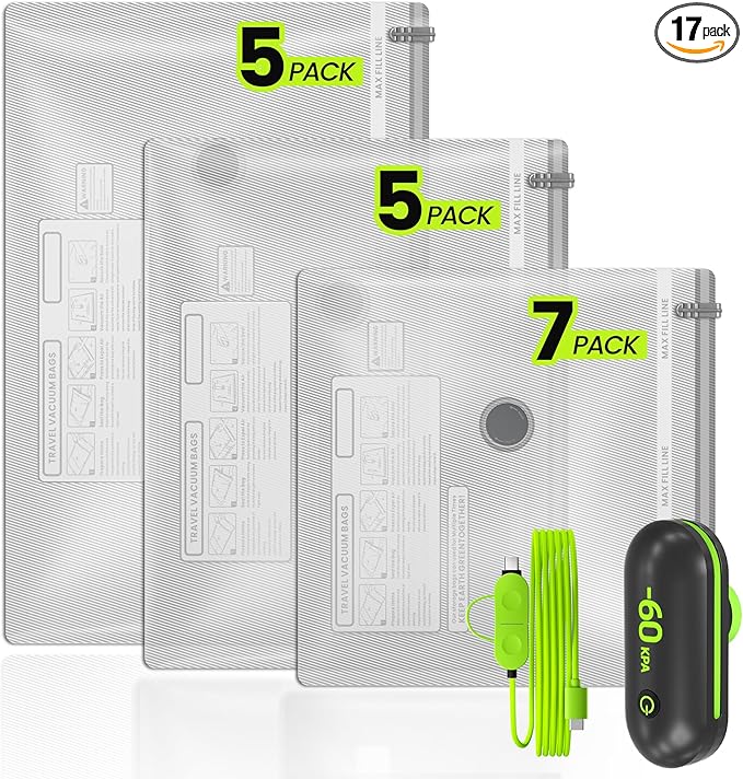 (17PACK) Travel Vacuum Bags with USB Pump-Portable Vacuum Packing Seal for for Travel & Home, Vacuum Compression Packing Seal Bags for Clothes, Bedding & Seasonal Storage