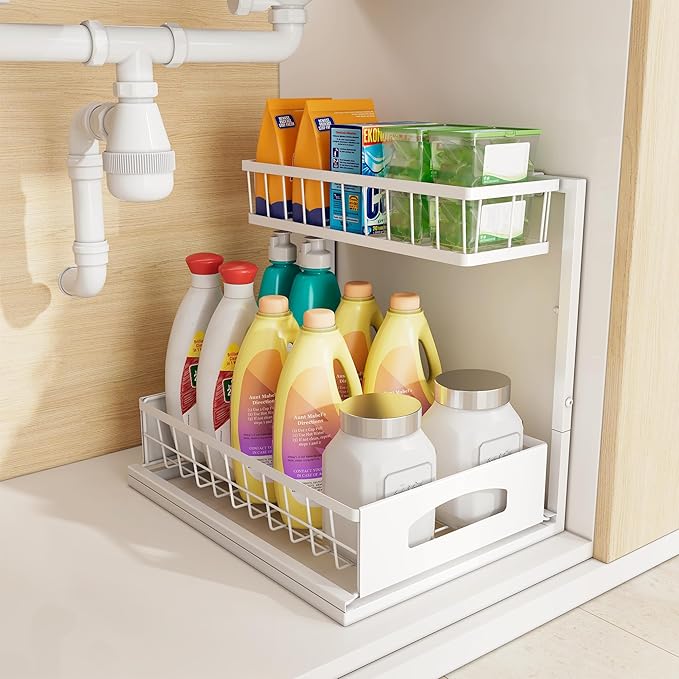 Under Sink Organizer and Storage, Height Adjustable Cabinet Organizer with Slide Out Drawer, Pull Out Under Sink Storage, Multi-Purpose 2 Tier Sink Shelves for Kitchen Bathroom Pantry (White, 1 Pack)