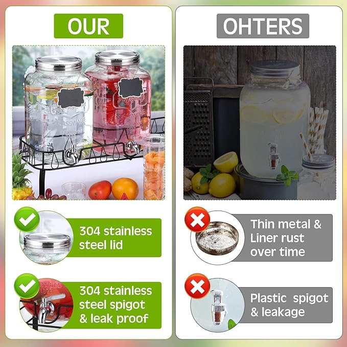 Lallisa 3 Pcs 2 Gallon Glass Drink Dispenser with Stand and Lid Mason Jar Beverage Dispenser with Stainless Steel Spigot, Hanging Chalkboard Signs, Fruit Infuse, Ice Cylinder, Liquid Pen (Silver)