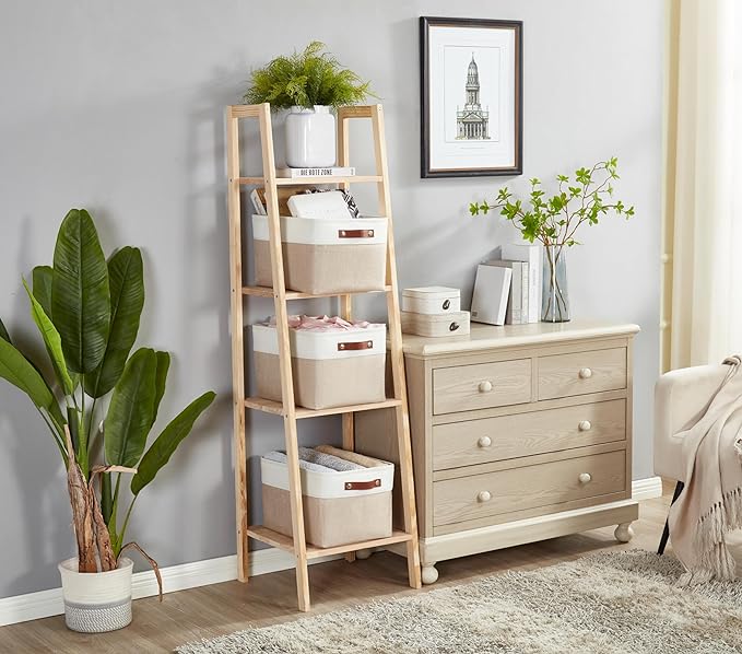 DECOMOMO Storage Baskets for Shelves - Fabric Storage Bins, Linen Closet Organizers and Storage (Beige & White, Large - 1 Pack)