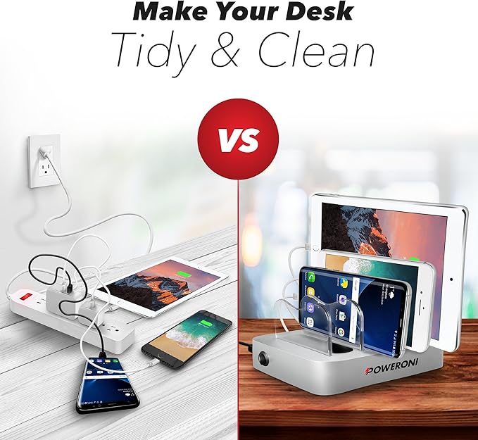 4 Port USB Charging Station - Charging Dock for Multiple Devices - Multi Device Charger Station - Compatible with Apple, iPad, iPhone, and Android - Universal Charge Rack for Phones and Tablets