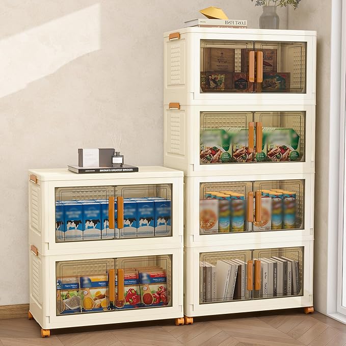 Plastic Stackable Storage Bins with Lids and Wheels, Foldable Closet Organizers and Storage Containers, Collapsible Clear Drawer Storage Cabinet with Doors Ivory White 179.2 QT