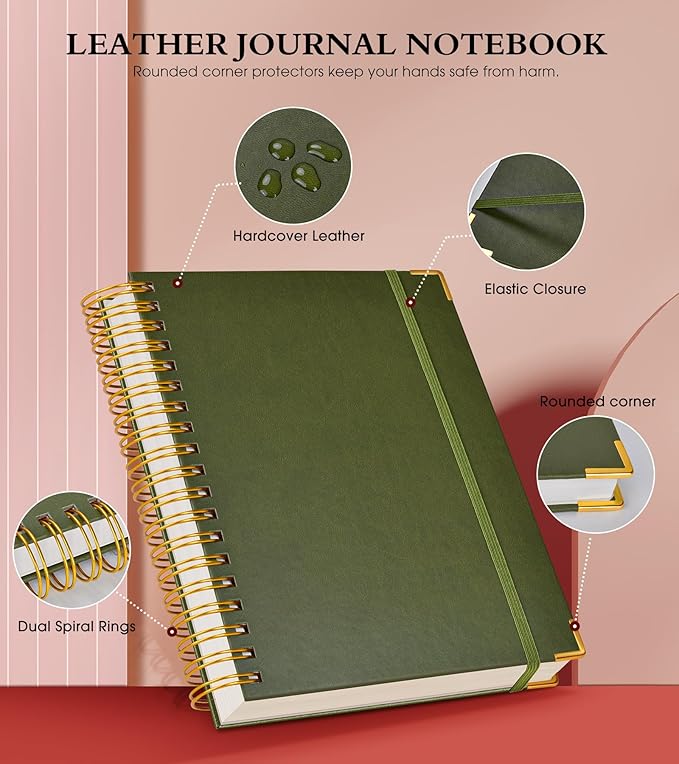 Spiral Notebook Journal 7.6” x 10”, 300 Pages Hardcover Leather Lined Journals for Women Men, B5 Large College Ruled Notebooks with 100 GSM Thick Paper, Spiral Journal for Writing Work, Olive Green