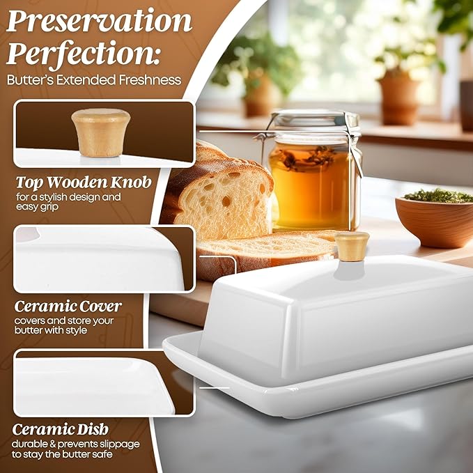 Flexzion Ceramic White European Butter Dish with Lid for Countertop (Large) - Wide 2 Stick Double Butter Holder for Counter, Cream Cheese Container Storage Keeper