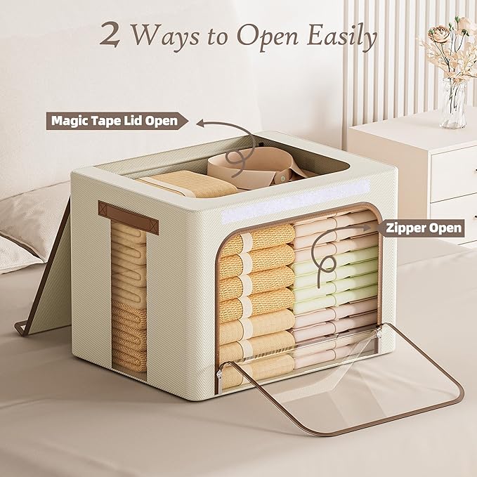 Yecaye Clothes Storage Bins with Metal Frame, Foldable Clothing Storage Bin with Lid, Stackable Oxford Fabric Organizer Box With Clear Window & Zippers & PU Leather Handles (3 Pack,Beige,66L)