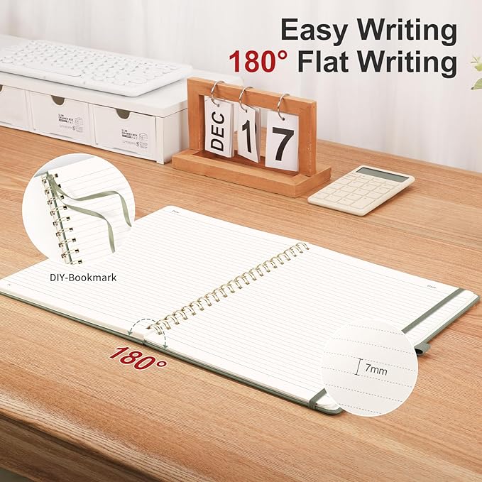 AHGXG Lined Spiral Journal Notebook, B5 Large Notebooks for Women Men, 140 Pages Hardcover Leather Notebook College Ruled, 100 GSM Paper, Notebooks for Work School Note Taking, 7.6" x 10", Sage Green