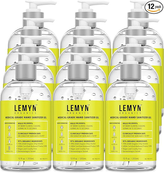 Medical Grade Hand Sanitizer Gel - 97% ORGANIC - 12 FL.OZ. (PACK OF 12)