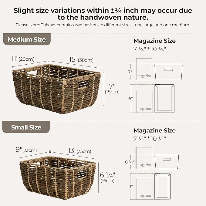 StorageWorks Wicker Baskets for Decor, Decorative Storage Basket with Built-in Handles, Vintage Banana Leaf Organizer for Home Decor, Set of 2
