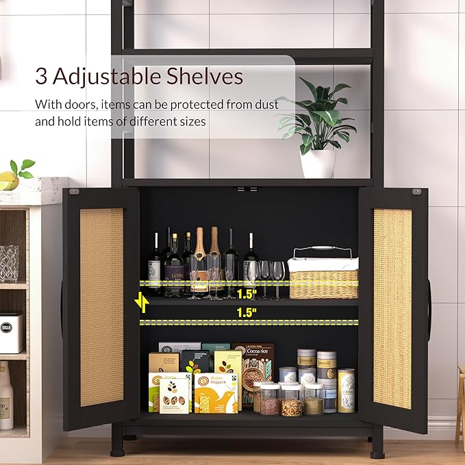 Rattan Bookshelf with Doors,70" Tall Bookcase with Storage Cabinet,6 Tier Book Shelf for Living Room/Bedroom/Home Office/Kitchen,70"(H)*26"(L)*11.8"(W)