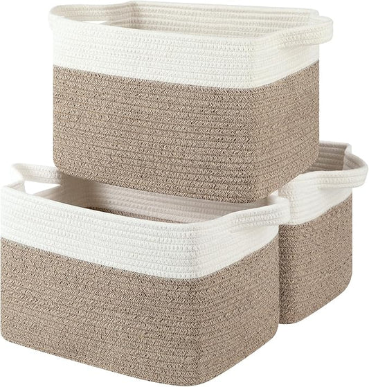 Storage Basket for Organizing, Woven Baskets for Storage, Rectangle Decorative Baskets for Shleves, Closet, Toys, Books, Nursery Organizer Bins - Pack of 3 (Brown & White, 13"x9.85"x8.7")