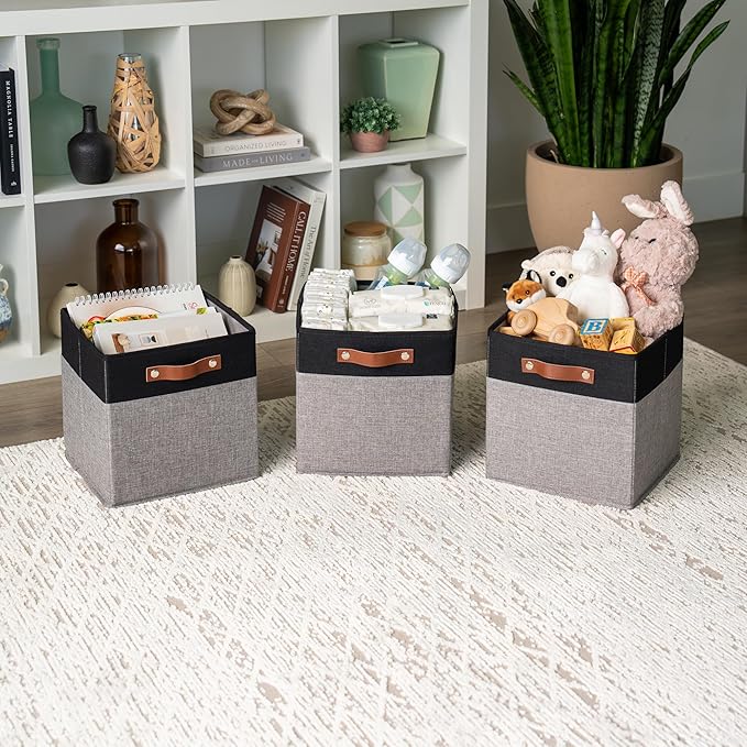 OrganiHaus 11" x 11" x 11" Fabric Cube Storage Bins - Set of 4, Canvas Cubby Bins with Vegan Handles, Square Storage Cubes, Kallax Storage Cubes, 11 Inch Cubic Baskets for Shelves in Gray/Black