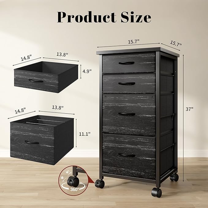 4 Drawers Mobile File Cabinet Vertical Filing Cabinet with Fabric Drawer Fits A4/Letter Size Printer Stand for Home Office，Black