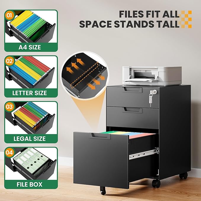 Mobile File Cabinet,3 Drawer Locking Storage Filing Cabinet,Office Metal Storage Cabinet on Wheels for Legal/Letter/A4 File(Fully Assembled，Black)