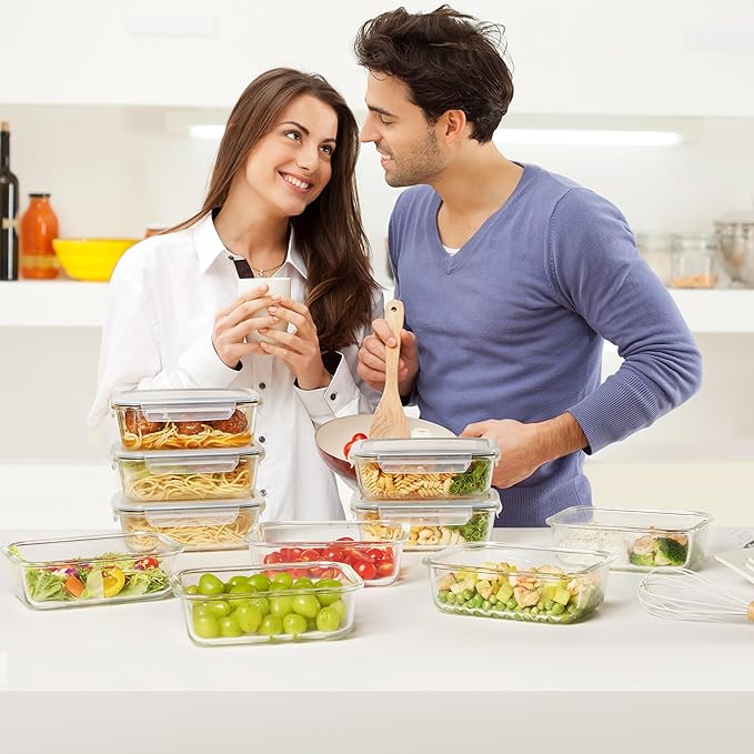 Vtopmart 10 Pack 35oz Glass Food Storage Containers with Lids, Meal Prep Containers, Airtight Reusable Lunch Container Set, Safe for Oven, Microwave, Freezer, and Dishwasher, Grey