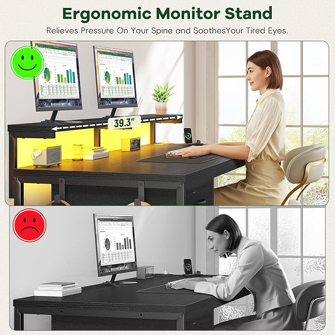 39.3" Gaming Desk with Power Outlet and LED Lights,Computer Desk with Adjutable Monitor Stand and Drawer,Office Desk with CPU Stand for Home Work,Study and Gaming, Small Spaces,Black