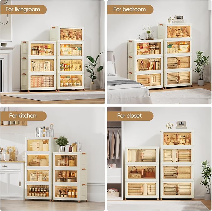 JEKO&JEKO 324 Qt Extra Large Plastic Storage Cabinets with Lids, Front Doors & Wheels, 3-Pack Stackable Collapsible Storage Bins for Bedroom, Home & Closet Organization, Cream