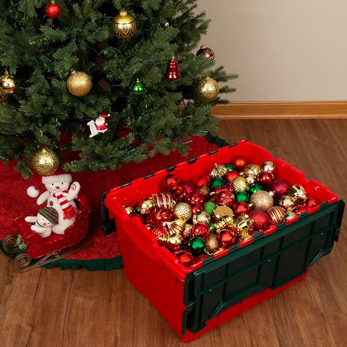 Akro-Mils KeepBox 12 Gallon Storage Container, Nesting and Stackable Plastic Storage Box with Lid Attached, Clear Tote for Garages, Closets, and Moving, 21-1/2" x 15" x 12-1/2", Red/Green