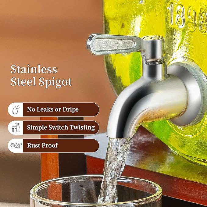 Drink Dispenser with Acacia Wood Stand and Lid,2 Gallon Glass Beverage Dispenser with Stainless Steel Spigot for Parties,Picnics,Barbecues,Lemonade,Sun tea Jar,ice coffee,Laundry Detergent Dispenser