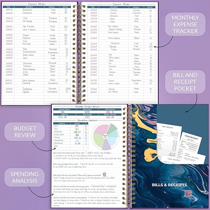 GoGirl Budget Planner & Monthly Bill Organizer – Monthly Financial Book with Pockets. Expense Tracker Notebook Journal, Large (Purple)