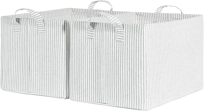 StorageWorks Storage Bins, Fabric Storage Bins for Shelves, Large Storage Baskets with Metal Frame, Closet Baskets and Bins with Handles, Khaki and Beige Stripes, 2-Pack