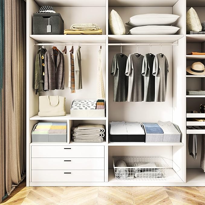 Closet Organizers Bins 6 Packs - Large Closet Shelf Organizer with Handles, Fabric Trapezoid Storage Bins, Collapsible Storage Cubes for Clothes, Towels, Light Gray