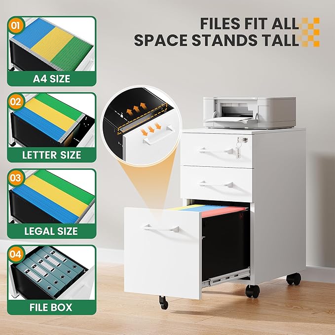 3 Drawer Slim File Cabinet, Mobile File Cabinet with Lock for Home Office, Rolling Narrow File Cabinet, Under Desk Locking Filing Cabinet on Wheels for Legal/Letter/A4 File(Unassembled,White)