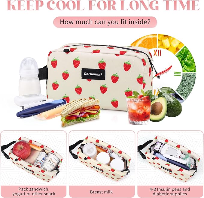 Cerbonny Small Cooler Bag Freezable Lunch Bag for Work School Travel,Small Lunch Bag,insulated snack bag For Adults/Kids,Mini Cooler,Lunch bag small Fit For Yogurt（Strawberries）