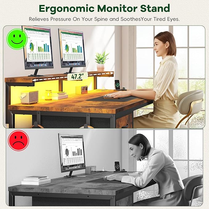 47.2 Inch Office Desk with Power Outlet & Ergonomic Monitor Stand,Gaming Desk with CPU Stand& LED Lights,Computer Desk with Drawer for Home Work,Study Redroom and Gaming,Small Spaces,Rustic Brown