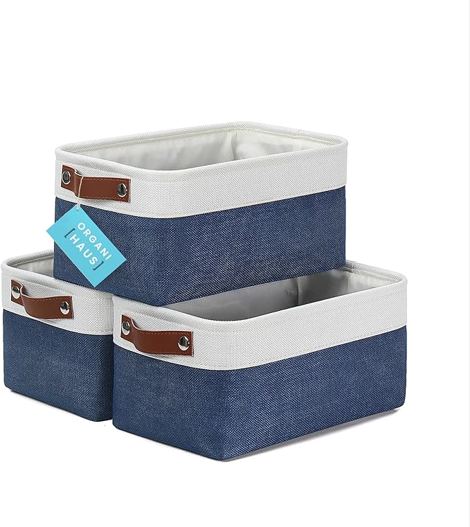 OrganiHaus Small Fabric Storage Baskets for Shelves 3 Pack, 12x08in Closet Storage Bins for Shelves, Canvas Baskets for Organizing, Linen Closet Organizers, Cloth Basket, Navy Blue/Off-White
