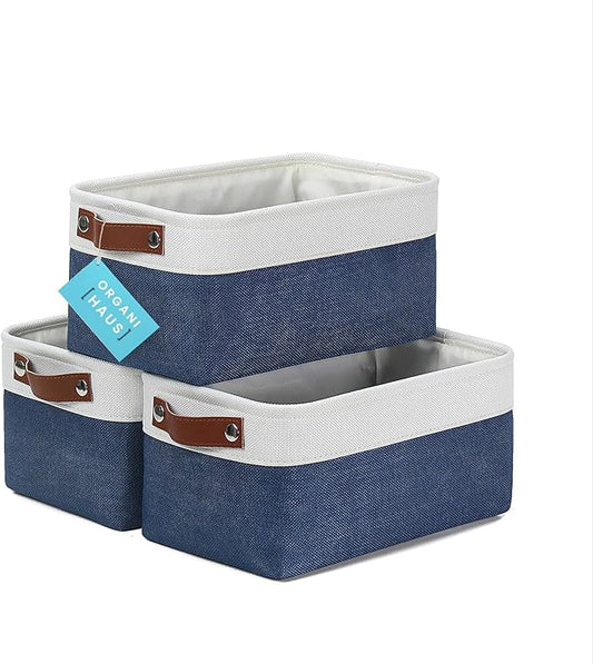 OrganiHaus Small Fabric Storage Baskets for Shelves 3 Pack, 12x08in Closet Storage Bins for Shelves, Canvas Baskets for Organizing, Linen Closet Organizers, Cloth Basket, Navy Blue/Off-White