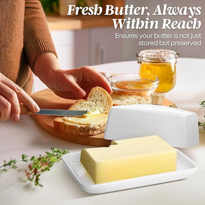 Flexzion Ceramic White European Butter Dish with Lid for Countertop (Large) - Wide 2 Stick Double Butter Holder for Counter, Cream Cheese Container Storage Keeper