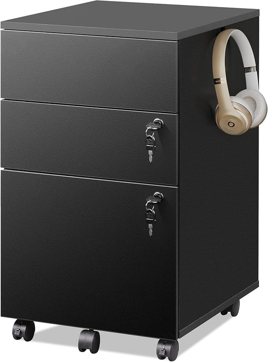 DEVAISE 3 Drawer File Cabinet with Lock, Small Rolling Filing Cabinet Under Desk, Wood Office Drawers Fits Letter/Legal/A4 Size Folders, Black